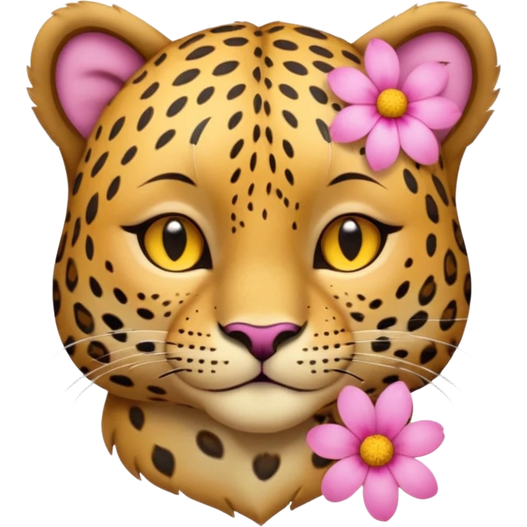 eyes closed, A leopard with peaceful smile, A pink flower with a yellow center is tucked behind its right ear
 emoji