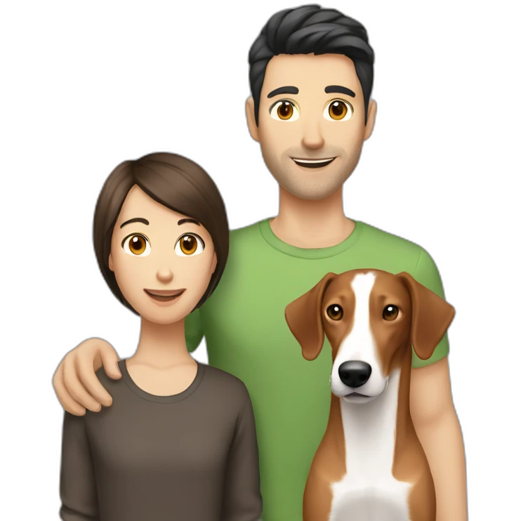 Human white dark hair and brown straight hair gay couple with a podenco emoji
