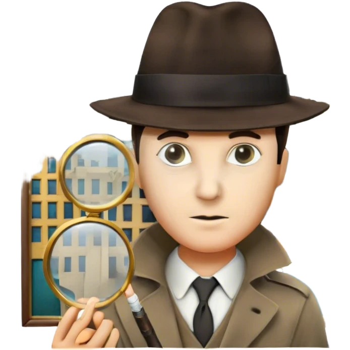 A colorful collage featuring iconic detective elements—magnifying glass, a fedora hat, a cigarette, a shadowy figure, and a mysterious city backdrop, a board with photos of suspects. Include subtle clues like fingerprints or a crime scene. Retro movie poster style. Transparent background. emoji