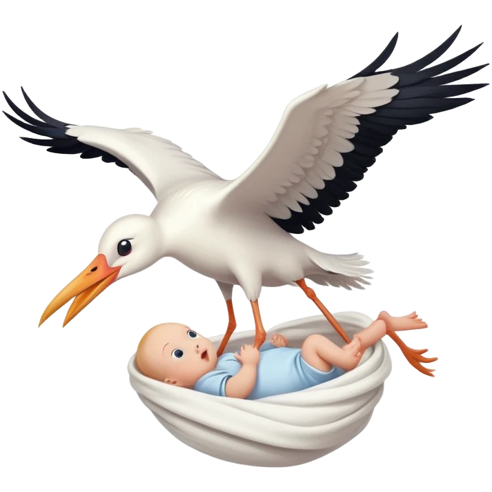 stork flying with a human baby in a white bundle emoji