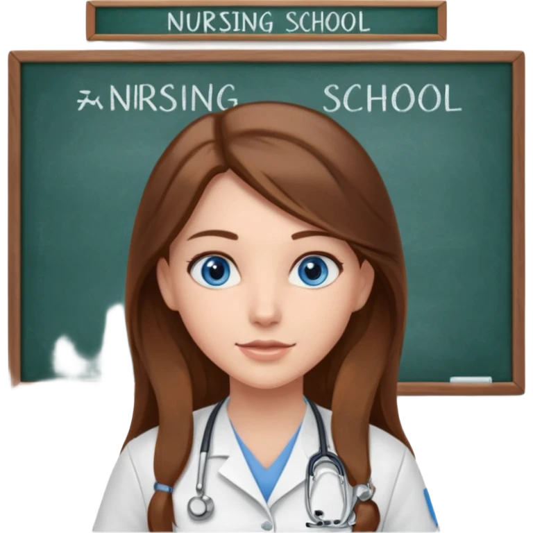 inside a classroom at university that says nursing school on the board with a pretty female nursing student with long brown hair, blue eyes emoji