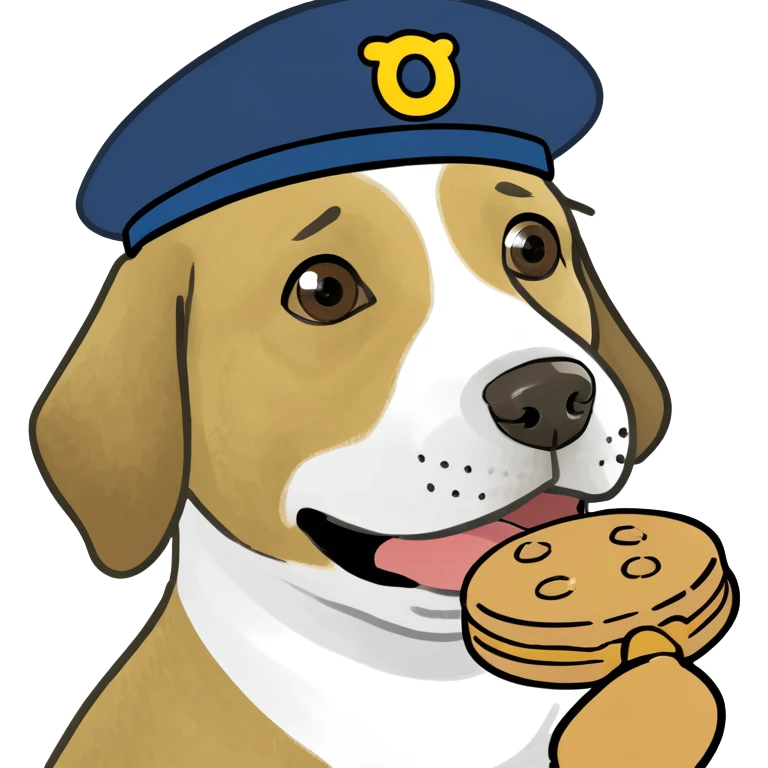 a dog with a cap and a biscuit in its mouth emoji
