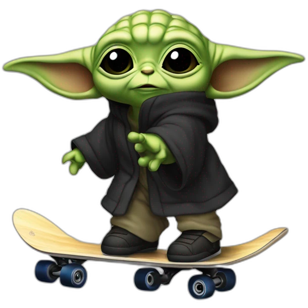 bebe yoda arc-en-ciel qui fait du skate en nageant dans une mer noir emoji