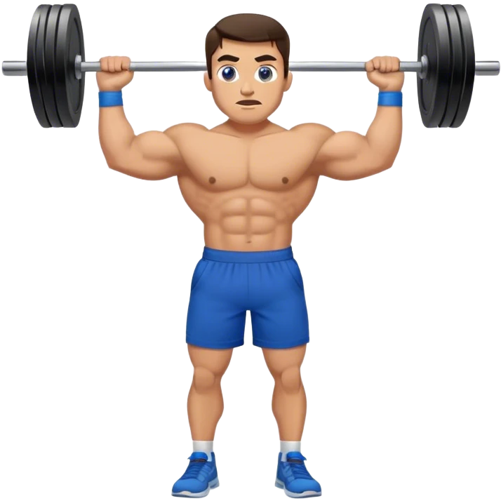 brunette buff man with blue shorts barbell-shrugs emoji