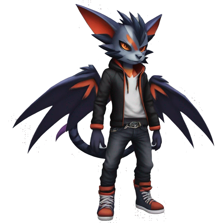 Cool Anthro Black Noivern-Absol-Litten-Pokémon with edgy stripes hoodie spiked collar punk Full Body emoji