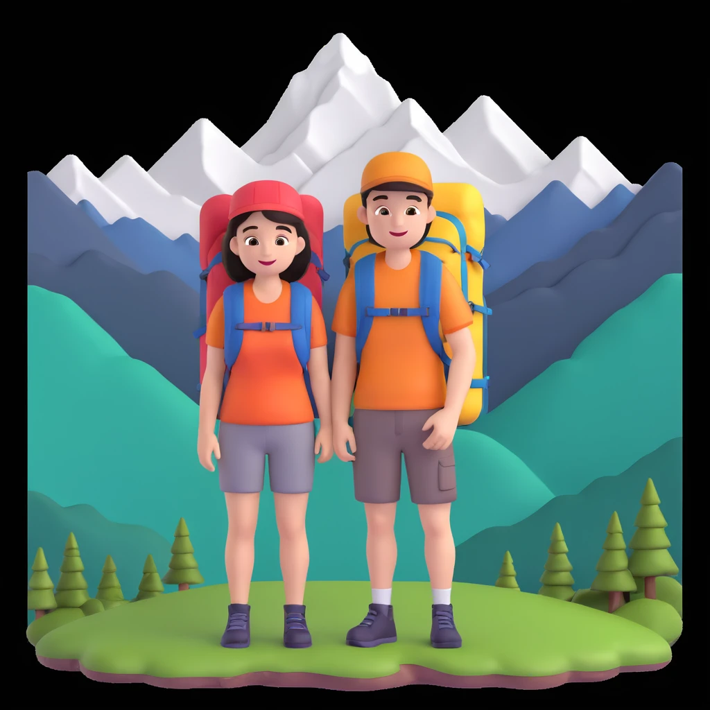 back packer couple posing, mountains in background,   close up pose emoji