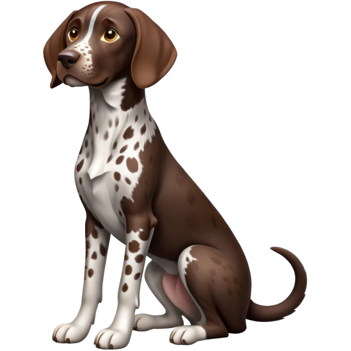 cinematic-[german pointer]-realistic-full-body-sitting-emoji,-tail-resting-loosely-beside-its-paws,-head-tilted-dramatically,-sleek-[brown and white spotten]-fur,-simplified-yet-realistic-focused-features,-highly-detailed,-glowing-with-an-almost-sarcastic-glow emoji