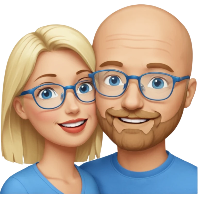 middle age bald man with heavy scruff, blue eyes and glasses.  Kissing blonde woman with blue eyes emoji