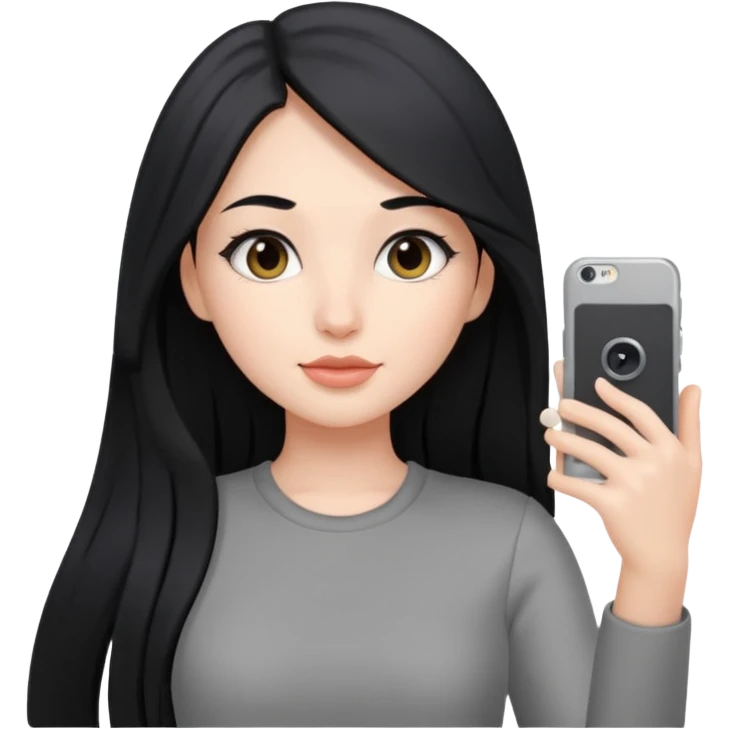 A girl with long black hair and a gray outfit taking a selfie. emoji
