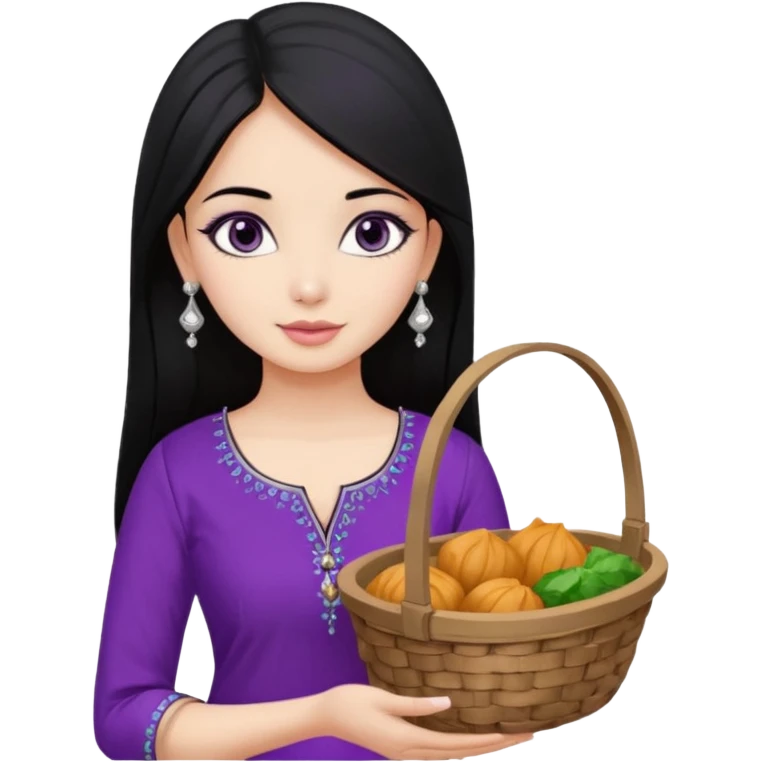 a pretty bratz girl with straight black hair, wearing a purple kurti, silver jhumkas, eyeliner, carrying momos emoji