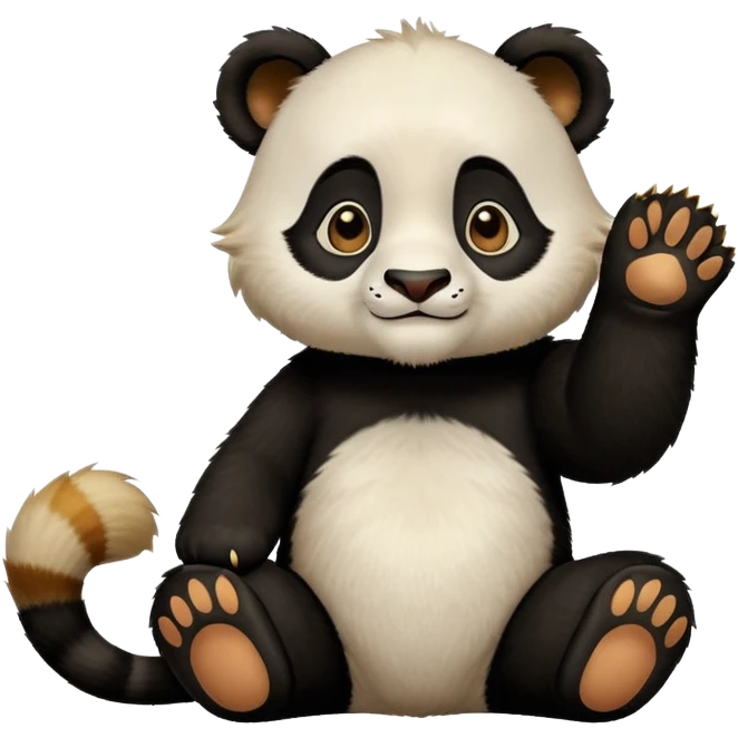 Simba from the cartoon The Lion King as a child, dressed in a panda suit, sitting on his hind legs and waving his front paw like a lucky cat. emoji