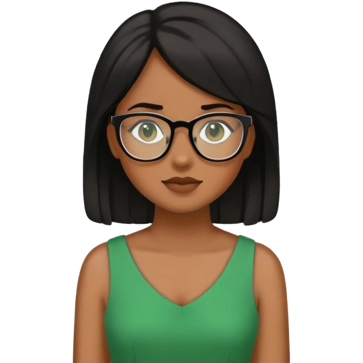 Genera a una chica morena de piel con pelo negro y lentes con vestido verde. emoji
