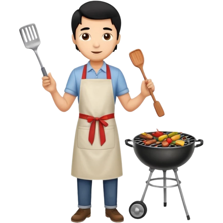 man cooking barbecue full-body black hair light brown skin emoji