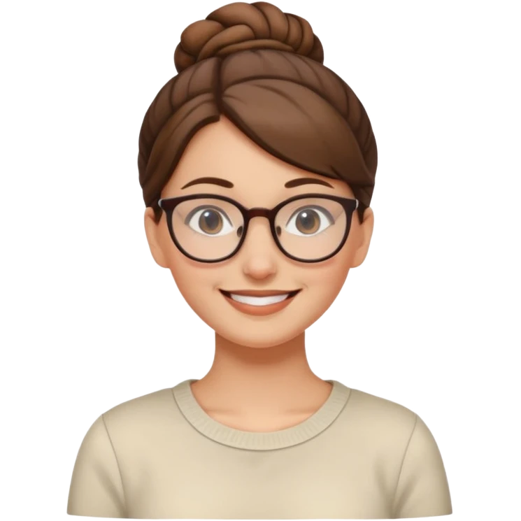 smiling white European woman with brown hair in a bun and glasses emoji