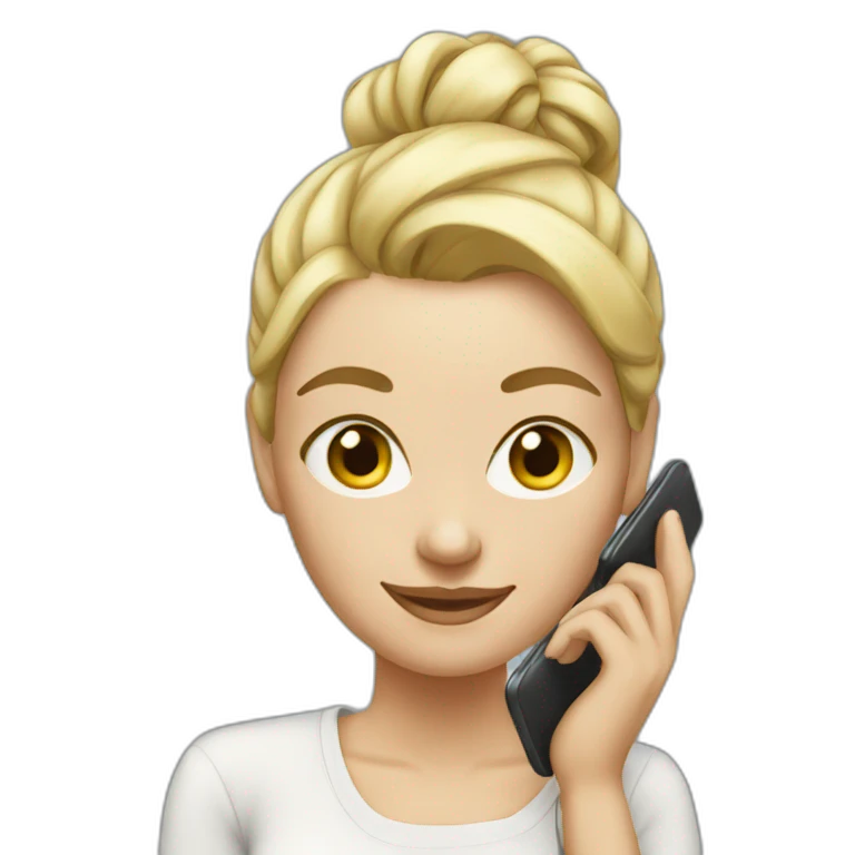 women white with blonde hair tied up in a bun with phone emoji