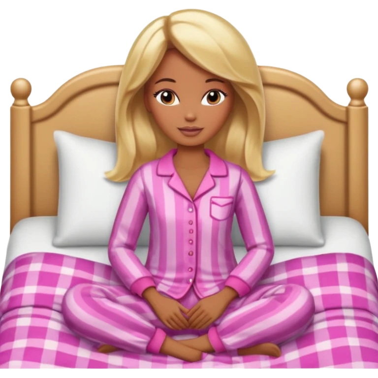 Brown skin blonde hair Barbie in pajamas in bed emoji
