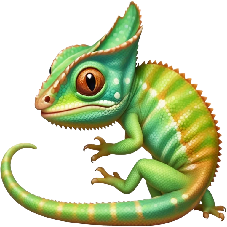 cinematic cute-smiling baby chameleon-realistic emoji,-blending-with-vibrant-greenery.-detailed-scales-in-shifting-colors,-showing-the-chameleon’s-ability-to-camouflage.-soft-natural-light-highlights-its-texture.-light-background, zoomed into its face emoji
