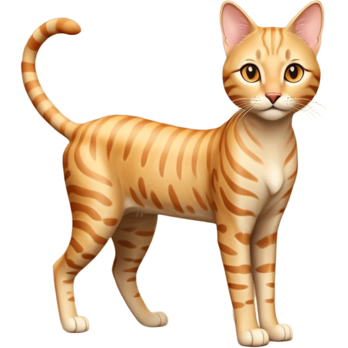 A 3D cartoon golden tabby Savannah cat with elegant long legs, gentle stripes, dynamic pose, cinematic Memoji-style lighting. full body or half body. emoji