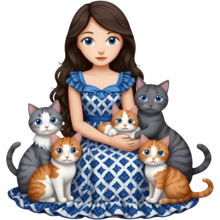 detailed realistic looking a dark grey and white cat regally sitting with six other cats, cuddling with their owner who is a pretty bratz lightly tanned white girl with long dark brown hair, blue eyes and gorgeous long wavy hair wearing a pretty detailed dress emoji