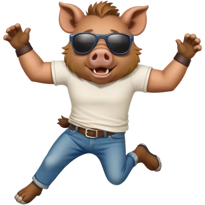 friendly anthropomorphised boar in jeans and a t-shirt, wearing dark sunglasses, jumping pose emoji