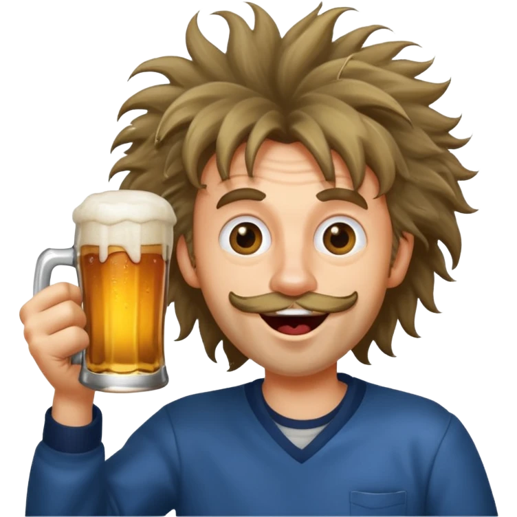 silly man with wild hair holding a beer, exaggerated goofy face emoji