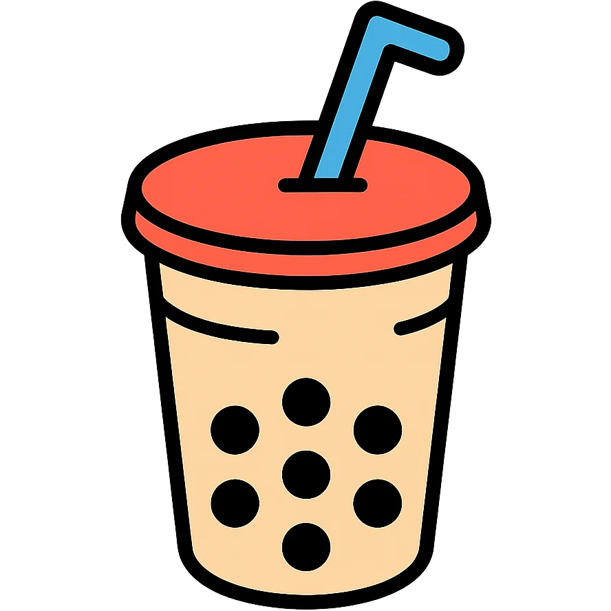 beige bubble tea with black bubbles, cup with straw, iconic style, transparent background emoji