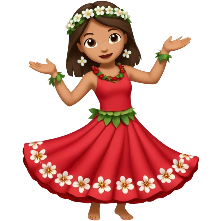 Lilo from Lilo & Stitch in a red dress with white flowers dancing hula with Stitch, apple style emoji emoji