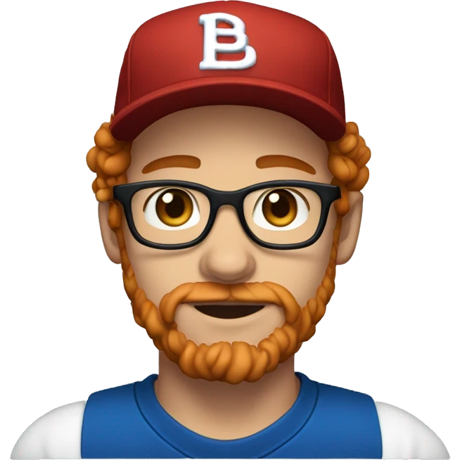 30 years old, male, red hair, curly hair, glasses, black baseball hat, blue eyes, pale complexion, stubble facial hair emoji