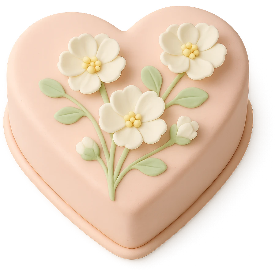 heart-shaped fondant cake with white flowers emoji