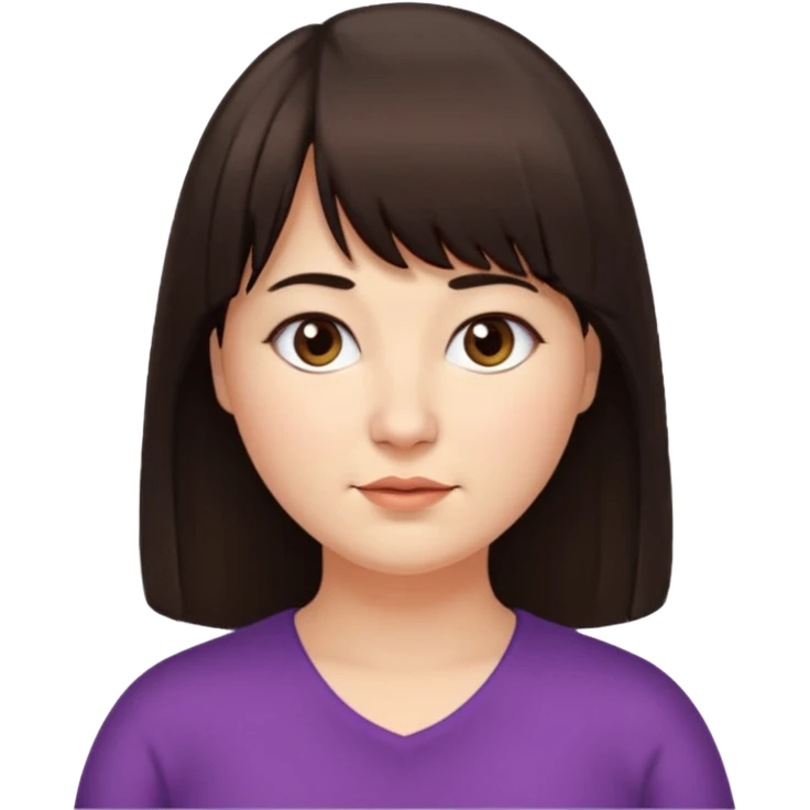 40 yr old woman, long hair down back, very small brown eyes, long hair, straight dark brown hair, bangs, chubby, long face emoji