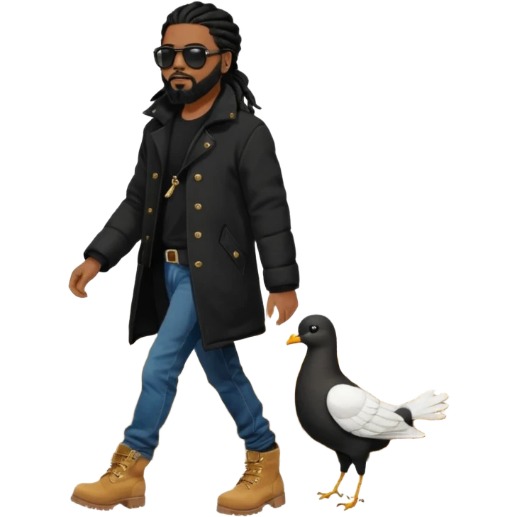 African American man with shoulder length black dreadlocks with black beard wearing black sunglasses wearing a black bubble winter coat wearing denim skinny jeans wearing wheat timberland boots walking with a dove behind him emoji