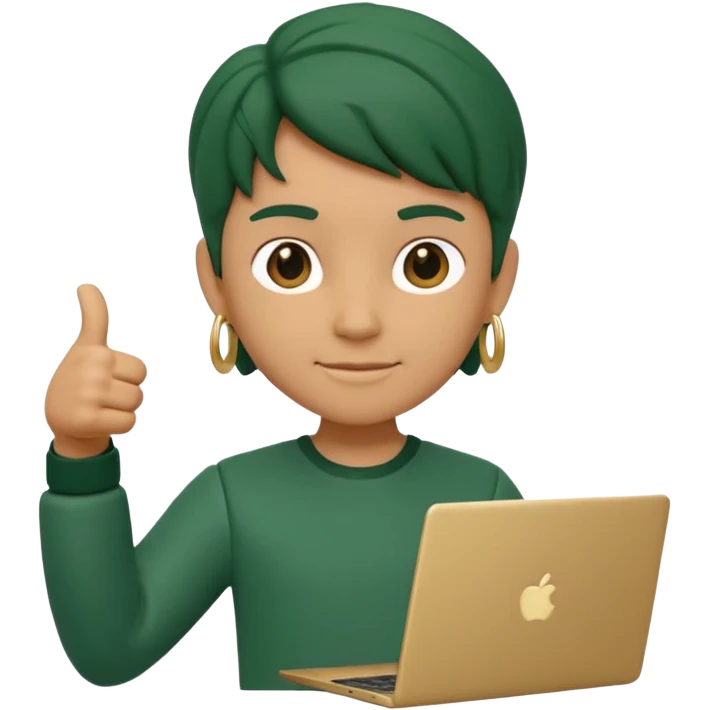 3D clay character standing confident, laptop under arm, thumbs up, deep green (#0B3D2C), cream laptop, gold accents, cute rounded, transparent background emoji