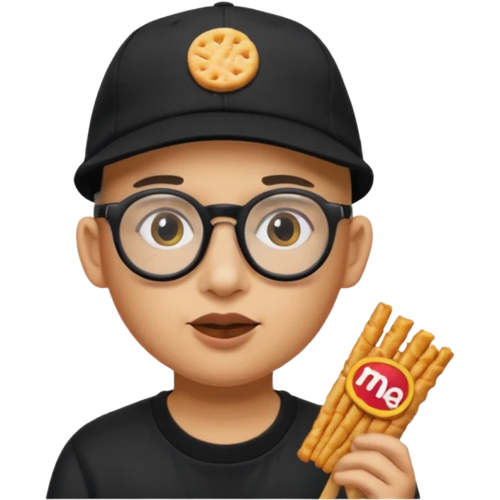 num num eatting hashbrown sticks with a plain black cap and glasses no hair add Rollin' 18 to hat emoji