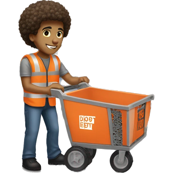 Light Skin Male with Small Afro from Home Depot wearing orange pro loader vest pushing a home depot orange cart at home depot emoji