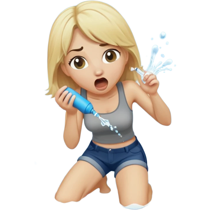 blond woman kneeling, surprised, a wide skin-colored stick with a D-shaped knob with skin texture coming out of a pair of pants hanging in front of her face, water stream squirting from the flat side of the knob into her open mouth emoji