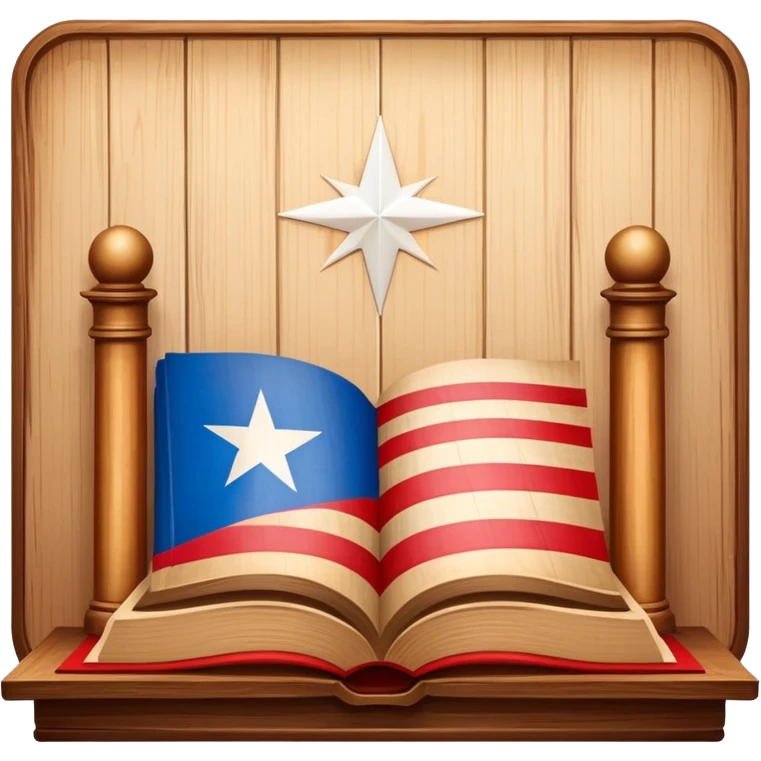 Timeless book icon with Puerto Rican flag design, wooden theater stage symbol, warm parchment and wood textures, gentle luminous aura, representing the history of Puerto Rican scenic design legacy emoji