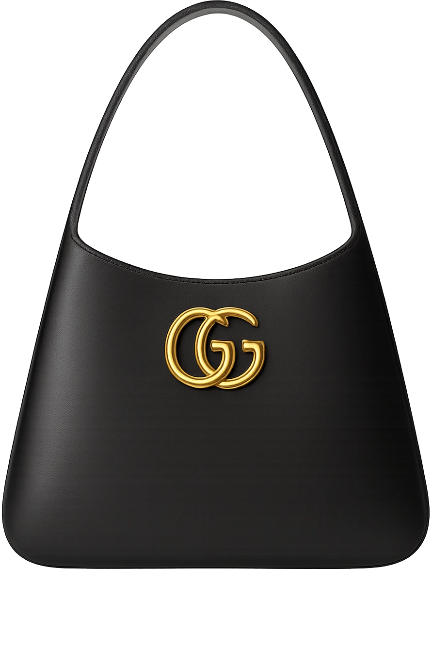 gucci bag, modern silhouette, black leather, bold gold GG logo, chic, minimal, isolated, no background emoji
