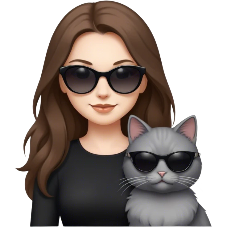 White woman with long brown hair wearing dark sunglasses and a black dress. She is smirking. next to her is a fluffy light grey cat who is also wearing dark sunglasses emoji