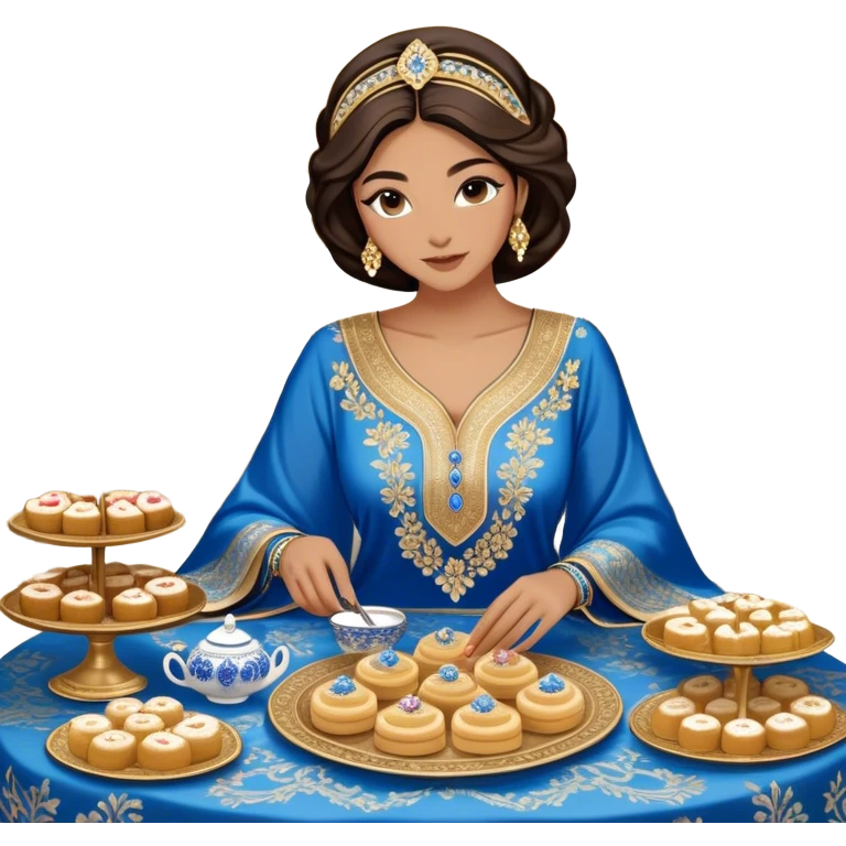 Arabian hospitality and tradition. A woman dressed in an elegant, intricately embroidered blue and gold kaftan sits gracefully at a lavish table filled with traditional sweets like luqaimat, pastries, and cakes, featuring silver tea sets, candles, and luxurious textiles emoji