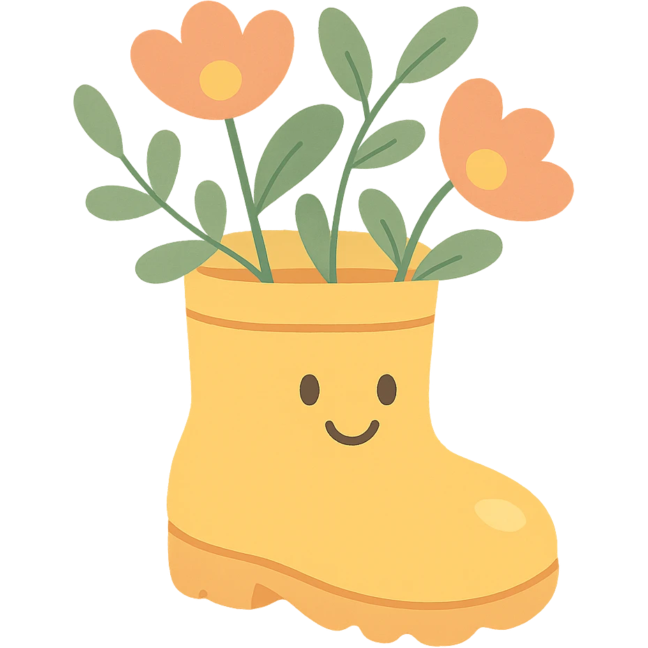 rain boot with plants growing out, gentle earthy tones, soft pastel colors, pastel-toon style emoji