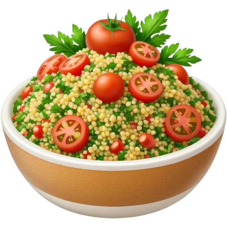 Cinematic Realistic Tabbouleh Salad Dish Emoji, showcasing a fresh herbaceous salad with bulgur, tomatoes, and parsley rendered with crisp textures and natural, vibrant lighting. emoji