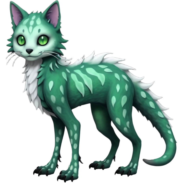 Scaley Kawaii spectral spooky dark bleak blackish swampy white-skeletal gloomy ghostly dark greyish dark-deep-greenish foggy eldritch beautiful realistic edgy fantasy ghoul-like stitched feline-vernid-sergal-fursona animal creature with a tufted tail full body with intricate markings  emoji