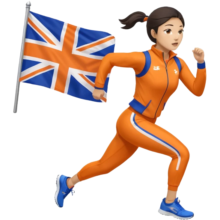 asian woman in orange sport suit and holding uk flag on the back, running emoji
