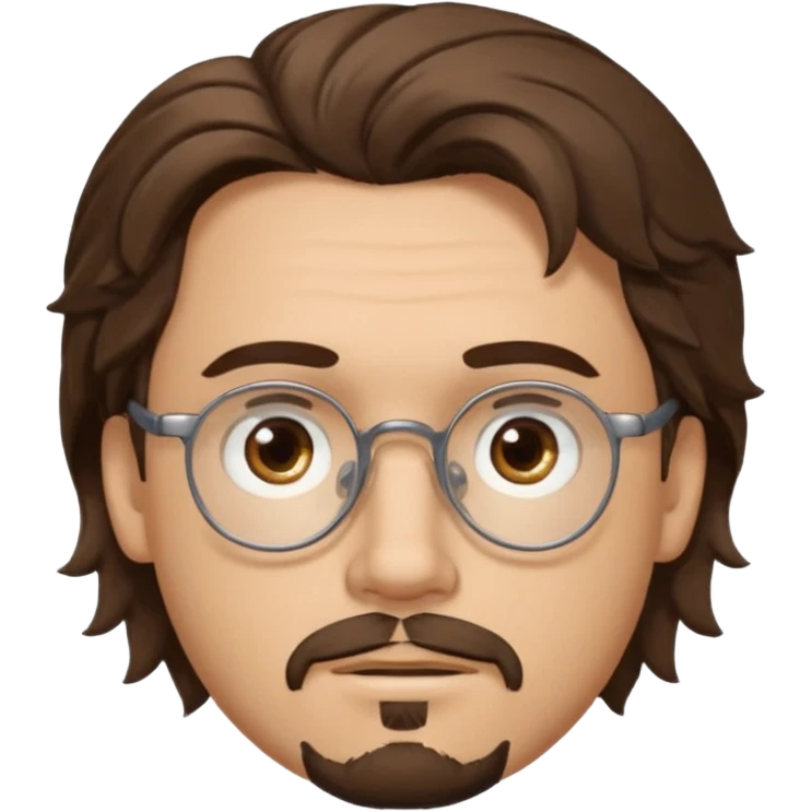 male Slim, slightly oval face, light skin.
Medium-length brown wavy hair, slightly messy.
Brown eyes, round eyeglasses.
Soft, calm expression.
add goathe and add hair to his forhead emoji