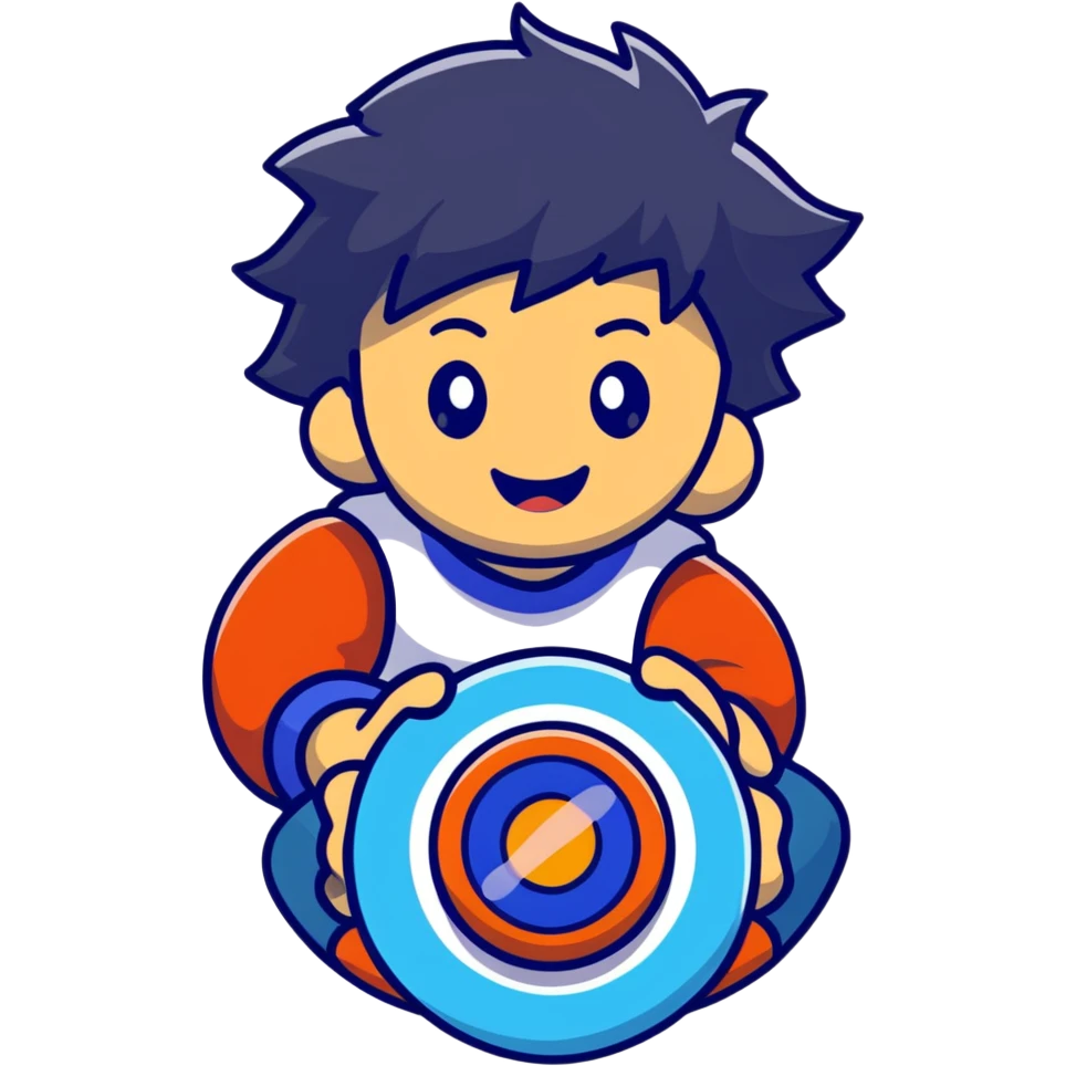 happy kid launching a beyblade, joyful expression emoji
