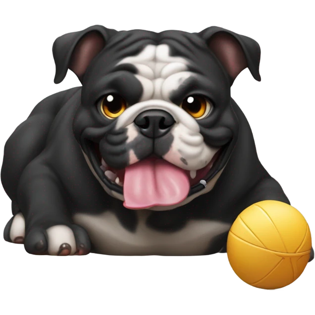 Black furred English bulldog playing with a circular chew toy emoji