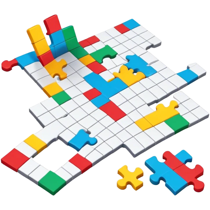 A photorealistic icon with a colorful, fragmented puzzle piece, a crossword magazine, a 3D puzzle, and a partially completed puzzle on a table. Bright, detailed design with realistic lighting. Transparent background, clearly symbolizing puzzles and brain games. emoji