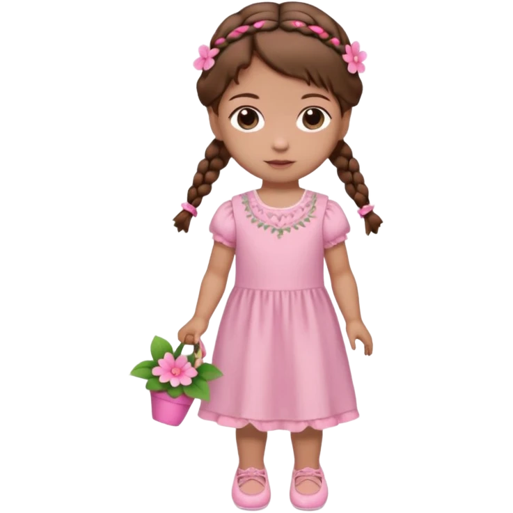 Boneca muito baixa e pequena de cabelo castanho com 2 tranças e uma flor rosa do lado esquerdo usado um vestido rosa claro e sapatinhos rosa emoji