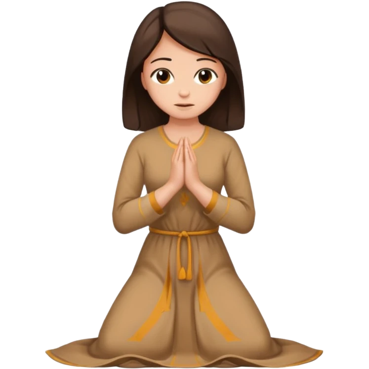 kneeling woman praying, long tan dress, dark brown hair emoji