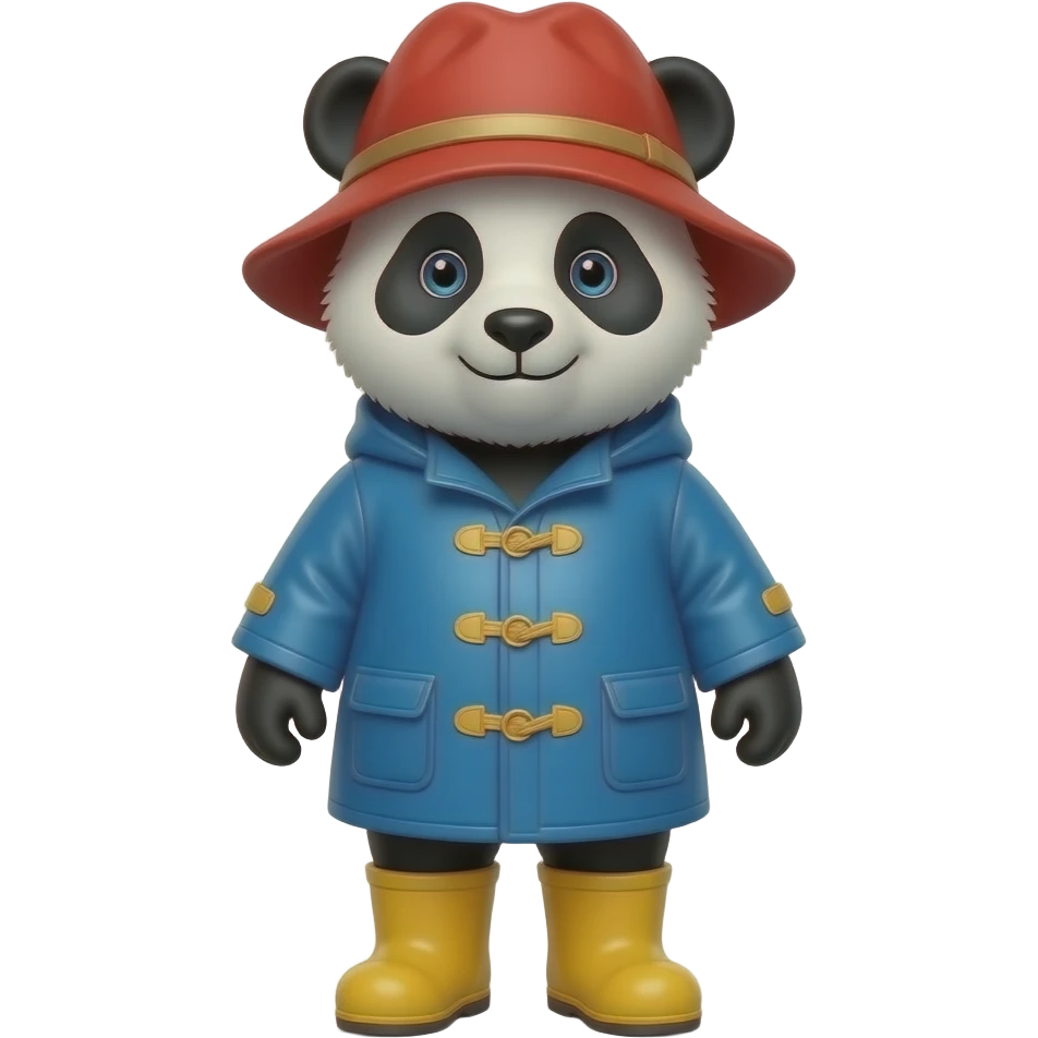 Panda with Paddington blue  raincoat and rain boots with poddington red hat without the inner clothes emoji